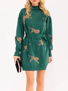 LONG SLEEVE ANIMAL PRINT BELTED SWEATER MINI DRESS